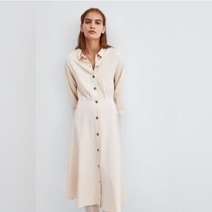 Zara TRF Collection Button down Cream Midi Shirt Dress Size M
